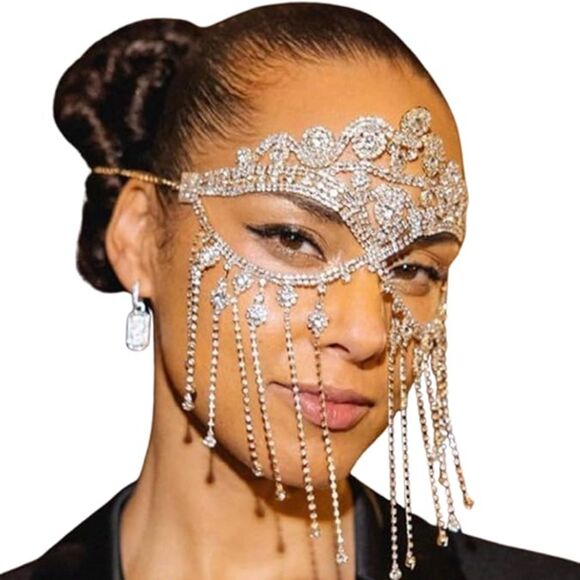 Women's Rhinestone Tassel Veil Masks Forehead Chain Rave Crystal Chains Mask - Picture 5 of 6